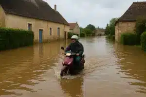 inondation dans un village avec scooter les roues dans l'eau