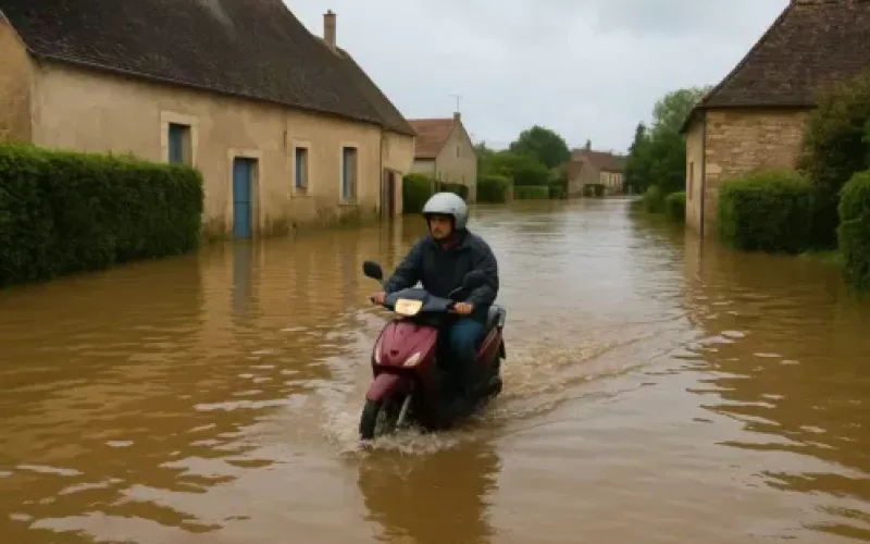 inondation dans un village avec scooter les roues dans l'eau